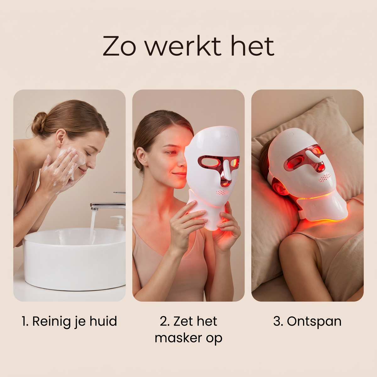 Zo werkt het LED gezichtsmasker in drie stappen